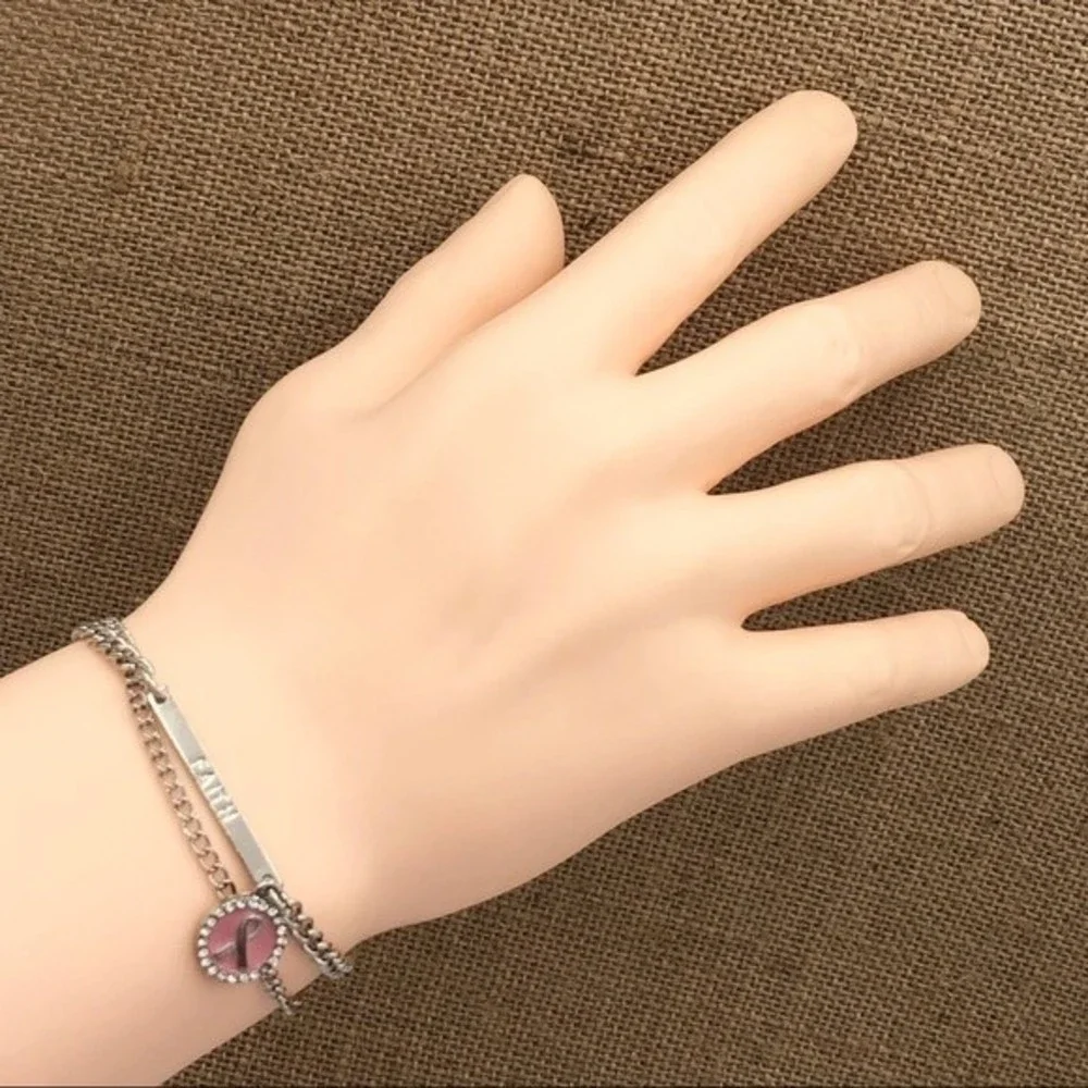 🌼 FAITH Breast Cancer Charm Silver Chain Bracelet